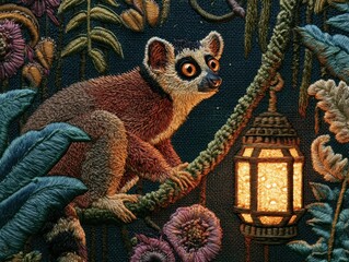 Fototapeta premium Textile Artwork Show Lemur Hold Branch with Lantern in Dark Jungle