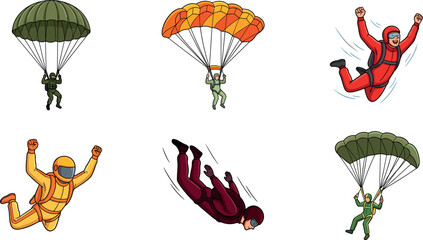 Skydiving and Parachuting Vector Illustration Set Featuring Skydivers Freefalling and Parachutists in Flight with Military and Sport Canopies © MARKNIS
