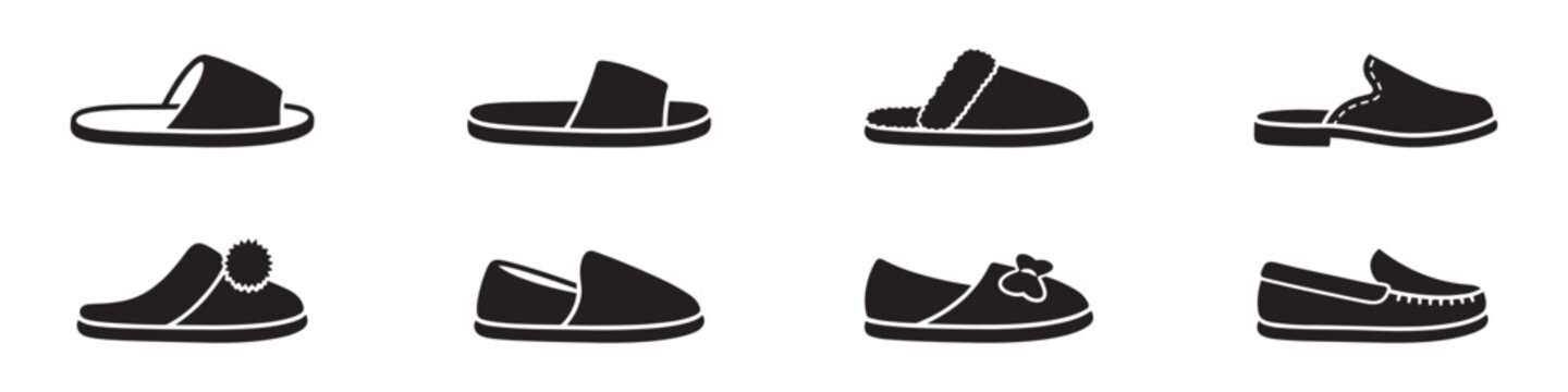 Home slippers and cozy footwear icon set. Flat comfortable house shoes, sandals, slip-on mules and warm winter loafers symbols. Vector illustration.