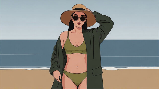 Woman in green bikini standing on beach with sunglasses and hat