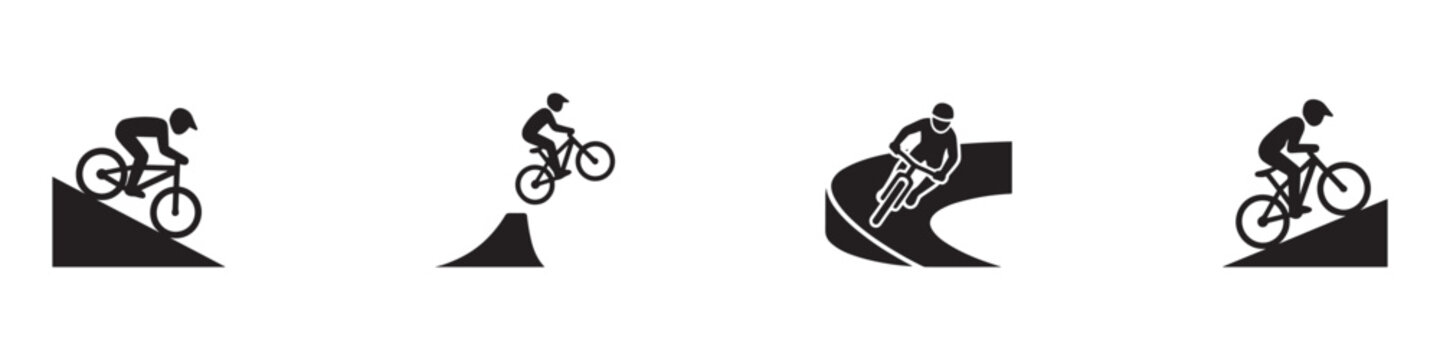 Mountain bike icon set. Cyclist jumping on ramp, downhill riding and bicycle stunt symbols. Vector illustration