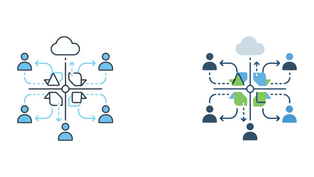 Cloud based team data sharing and digital collaboration network vector illustration set for remote workforce technology integration