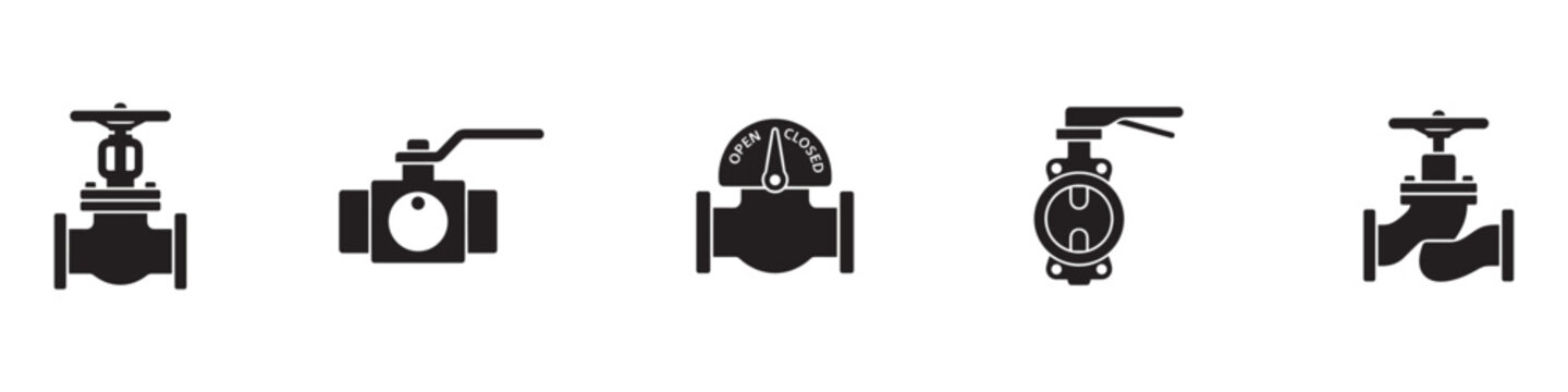 Industrial pipe valves and plumbing control icon set. Water pipeline regulator, butterfly valve, ball lever and plumbing hardware symbols. Vector illustration.