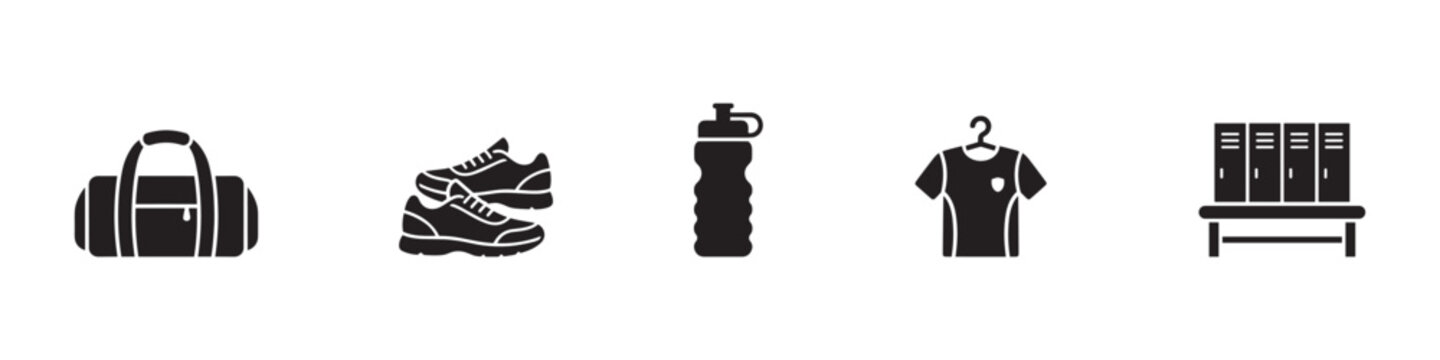 Gym fitness equipment and locker room icon set. Sport bag, sneakers, water bottle and locker symbols. Vector illustration.