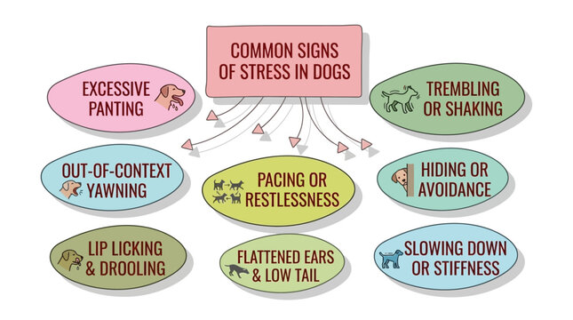 Educational Infographic Illustrating Common Physical Indicators of Anxiety and Stress Responses in Canines