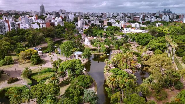 Aerial birds eye view of Parque Rodo and Montevideo city skyline, Uruguay