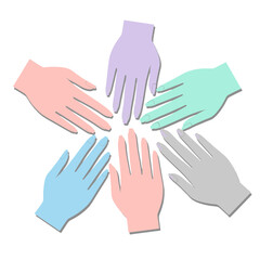 Fototapeta premium A circular arrangement of colorful stylized hands representing unity and teamwork