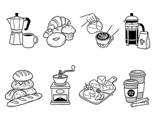Fototapeta premium Coffee and bakery food icons set with black and white line art vector graphic illustration