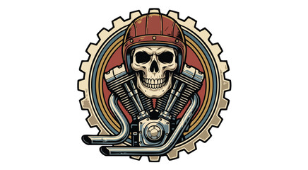 Skull with Motorcycle Engine in Vintage Emblem Design © colorshapppy