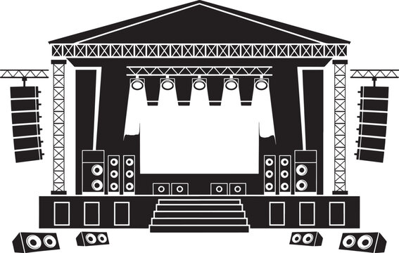 Empty Concert Stage, Setup, with Red Curtains and Spotlights in Black and White Illustration