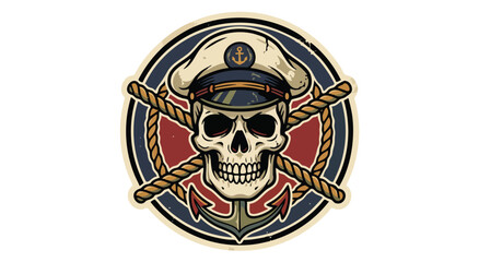 Fototapeta premium Vintage nautical skull emblem with sailor hat and anchors