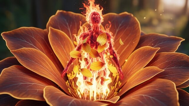Fantasy burning flower with a flame spirit figure inside.