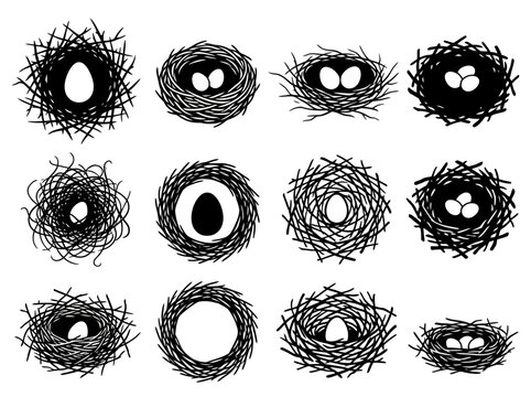 Bird nest set with eggs isolated on white background as black and white vector illustration