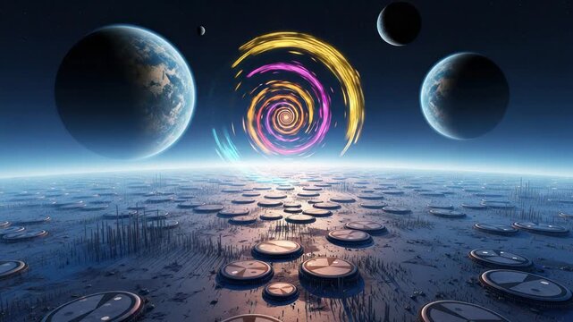 Otherworldly landscape with planets and time portals creating a surreal and captivating experience