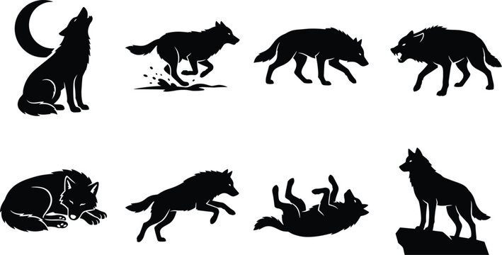 Wild wolf silhouette icons set with various poses including howling at the moon running growling sleeping and jumping
