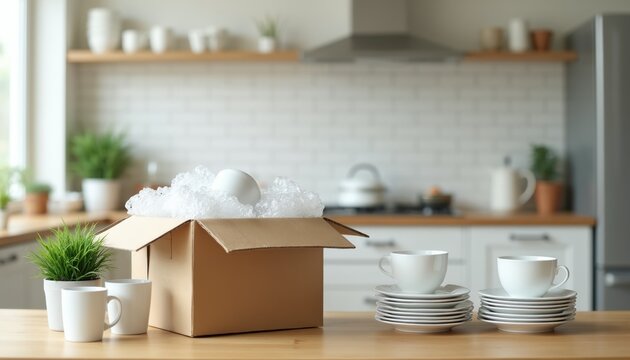 Kitchen items packed in box for moving. Cardboard container with bubble wrap and dishes. Mugs and stacked cups on table, ready for relocation.