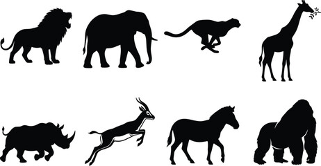 African safari wild animals black silhouette icons set featuring lion elephant cheetah giraffe rhinoceros gazelle zebra and gorilla © MstMinara