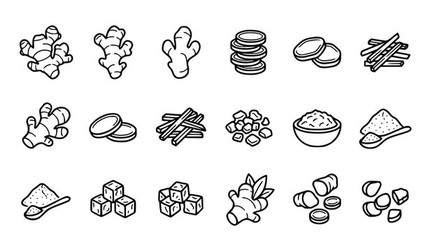Ginger Root and Spice Ingredient Outline Icon Collection Set