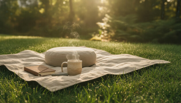 Minimalist meditation space with a steaming ceramic tea cup, soft floor cushion and notebook on a beige blanket, surrounded by fresh green grass and warm morning sunlight