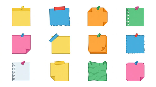 Collection of colorful sticky notes with tape and pins.