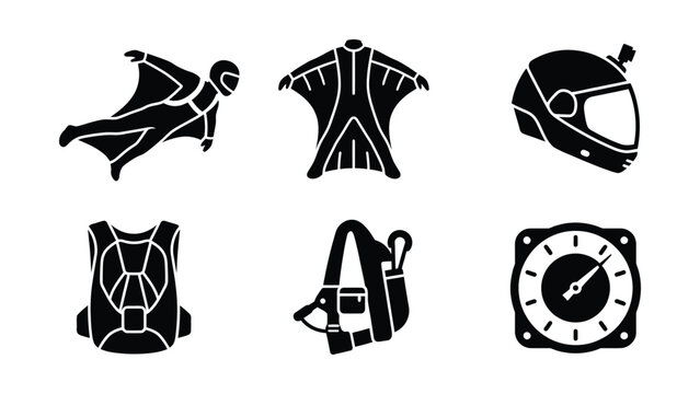Set of black silhouette icons for wingsuit flying and extreme skydiving equipment.
