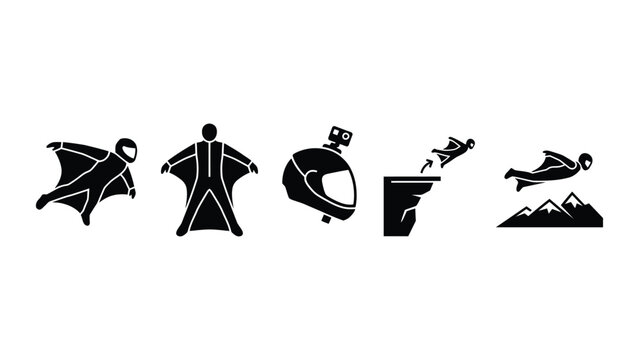 Set of wingsuit flying and extreme skydiving vector icons.