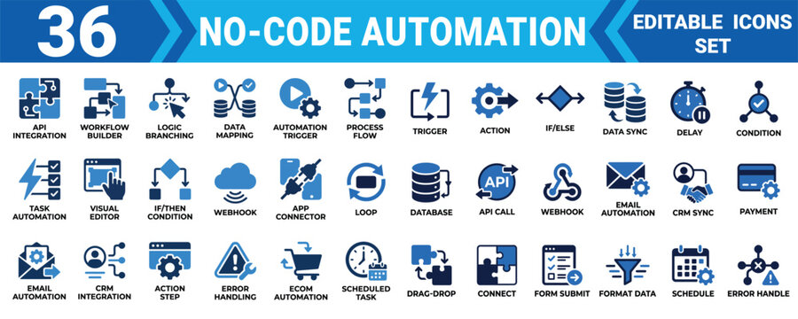 No code automation 36 solid icon set collection editable vector illustration mega pack