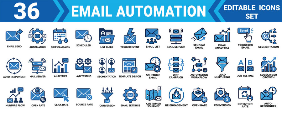 Email automation solid icon set collection 36 editable vector illustration mega pack for digital marketing