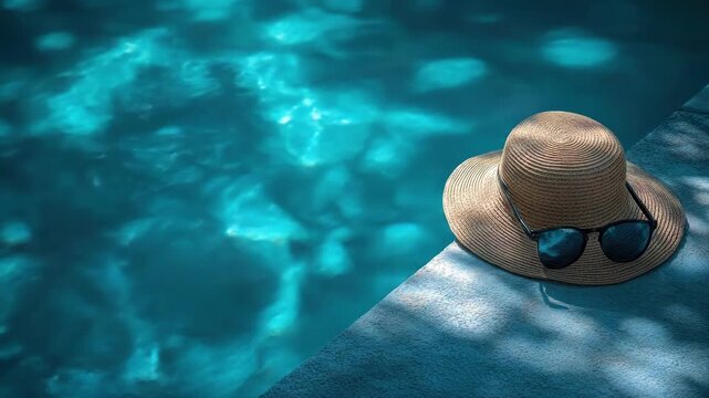 Sunlit straw hat and sunglasses by sparkling blue poolside