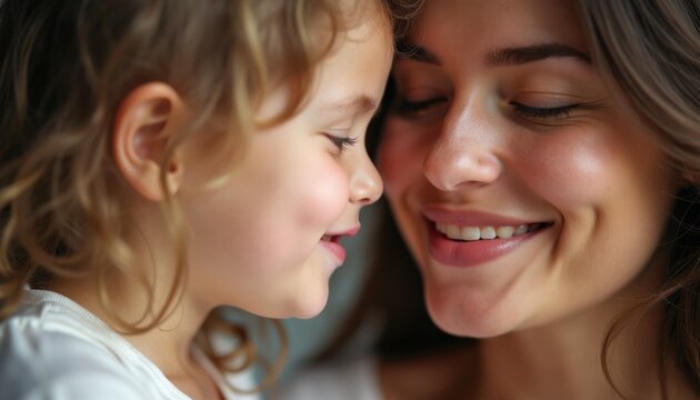 Close up of a smiling mother and daughter sharing a tender moment. Young child whispers secrets to mom, their faces close together in warm light. Affectionate bond.