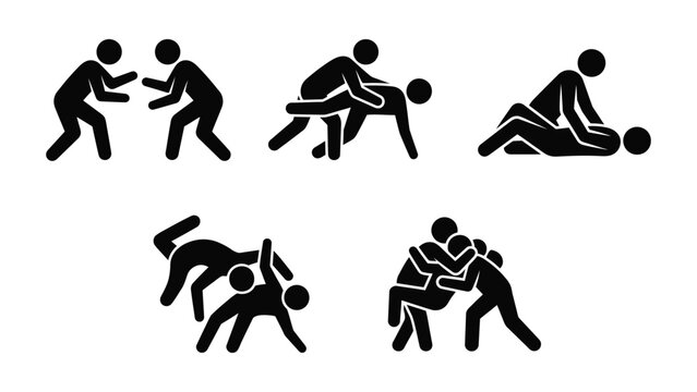 Set of wrestling and martial arts stick figure icons.