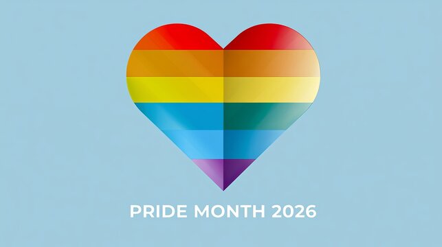 A colorful heart with a rainbow pattern celebrates Pride Month 2026 on a light blue background