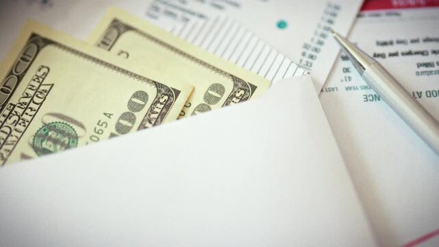 In office setting, stack of one hundred dollar bills in envelope lies among scattered papers calculator, symbolizing cash payment between business partners, facilitating secure financial transactions