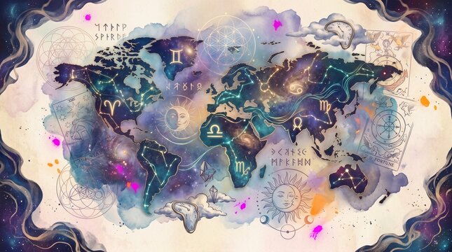 Mystical Astrology World Map Watercolor JPG Zodiac Constellation Galaxy Tarot Sun Moon Runes Sacred Geometry Crystal Clock Digital Download Spiritual Celestial Illustration mystical world map clipart,