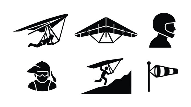 Set of black icons depicting hang gliding extreme sports and equipment.