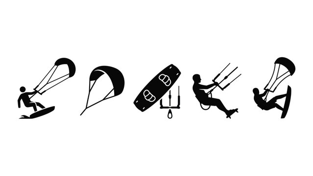Set of kiteboarding and kitesurfing silhouette icons.