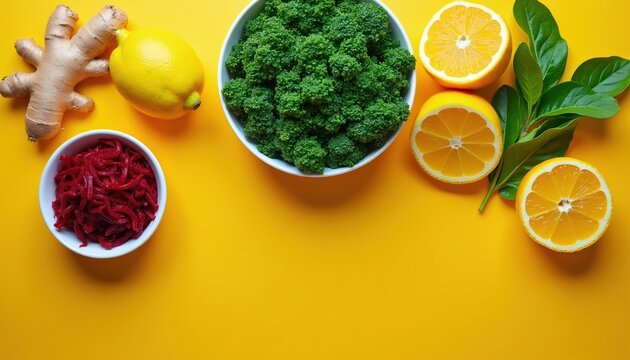 Fresh citrus fruits like oranges and lemons are arranged with broccoli ginger and shredded beets on a bright yellow surface. This healthy food display promotes wellness and nutrition.