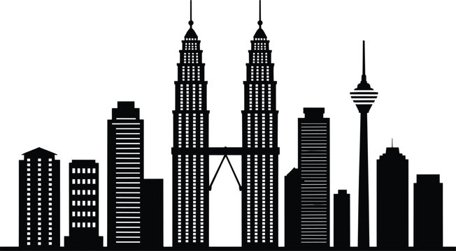 Modern city skyline silhouette illustration featuring prominent twin towers and a television tower against a flat and buildings and art in outline sty