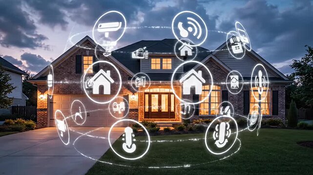 Suburban house with interconnected smart home device icons.