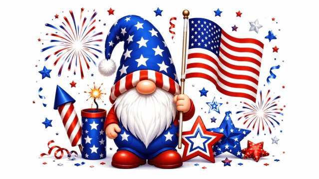 Patriotic 4th of July gnome holding American flag, festive Independence Day gnome with fireworks and stars, red white and blue holiday celebration