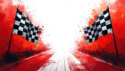 Obraz premium Two checkered flags wave on red abstract background. Race track appears with white lines and red streaks. This graphic suggests winning and competition. Use for sports, auto racing, or victory themes.