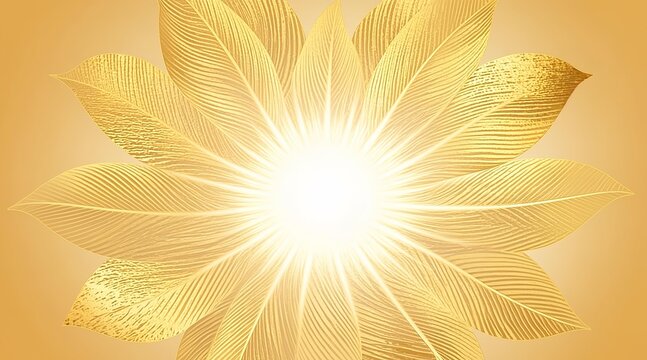 Golden Radiant Feather Pattern Abstract Background with Glowing Sunburst Center