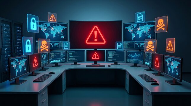 Global Cybersecurity Threat Alert System Monitoring Data Breach Risk in a high-tech control room for robust network security solutions.