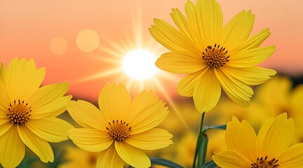 Obraz premium Yellow coreopsis wildflowers blooming in a meadow under a bright glowing sunset