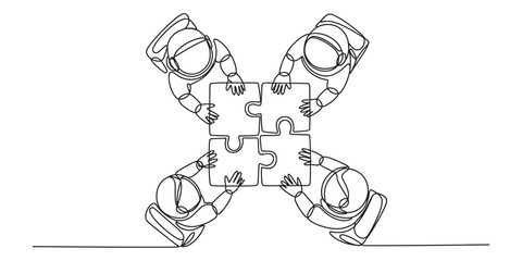 Four astronauts working together to solve a puzzle in a continuous line © Icon_gallery