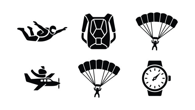 Set of skydiving and parachuting icons in flat black style.