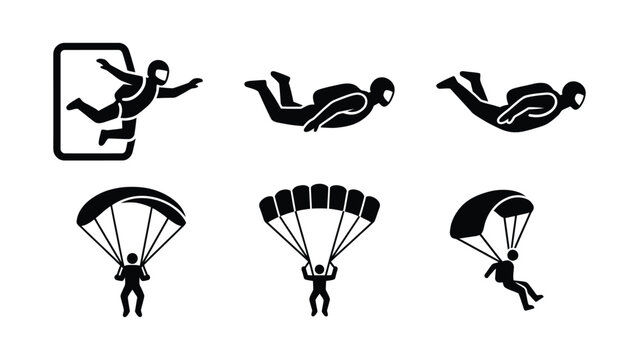 Set of black icons representing skydivers and parachutists in various flight positions.