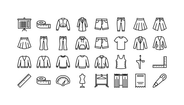 Garment Sizing Pack. Line icon set of clothing size and fit: measuring chart board, tailor tape, cropped jacket, long coat, short pants, tapered jeans, flared skirt, bootcut denim, relaxed hoodie,