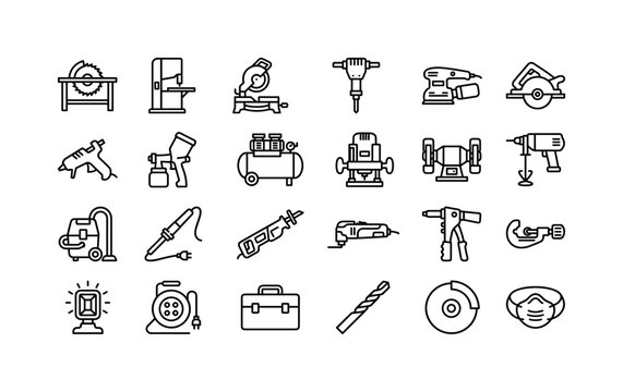 Workshop Machine Set. Line icon set of power tools: table saw, band saw, miter saw, demolition hammer, electric sander, tile cutter, glue gun, paint sprayer, air compressor, router, bench grinder,