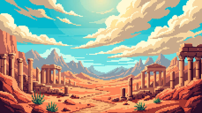 Pixel art desert ruins landscape background with ancient temples and mountains